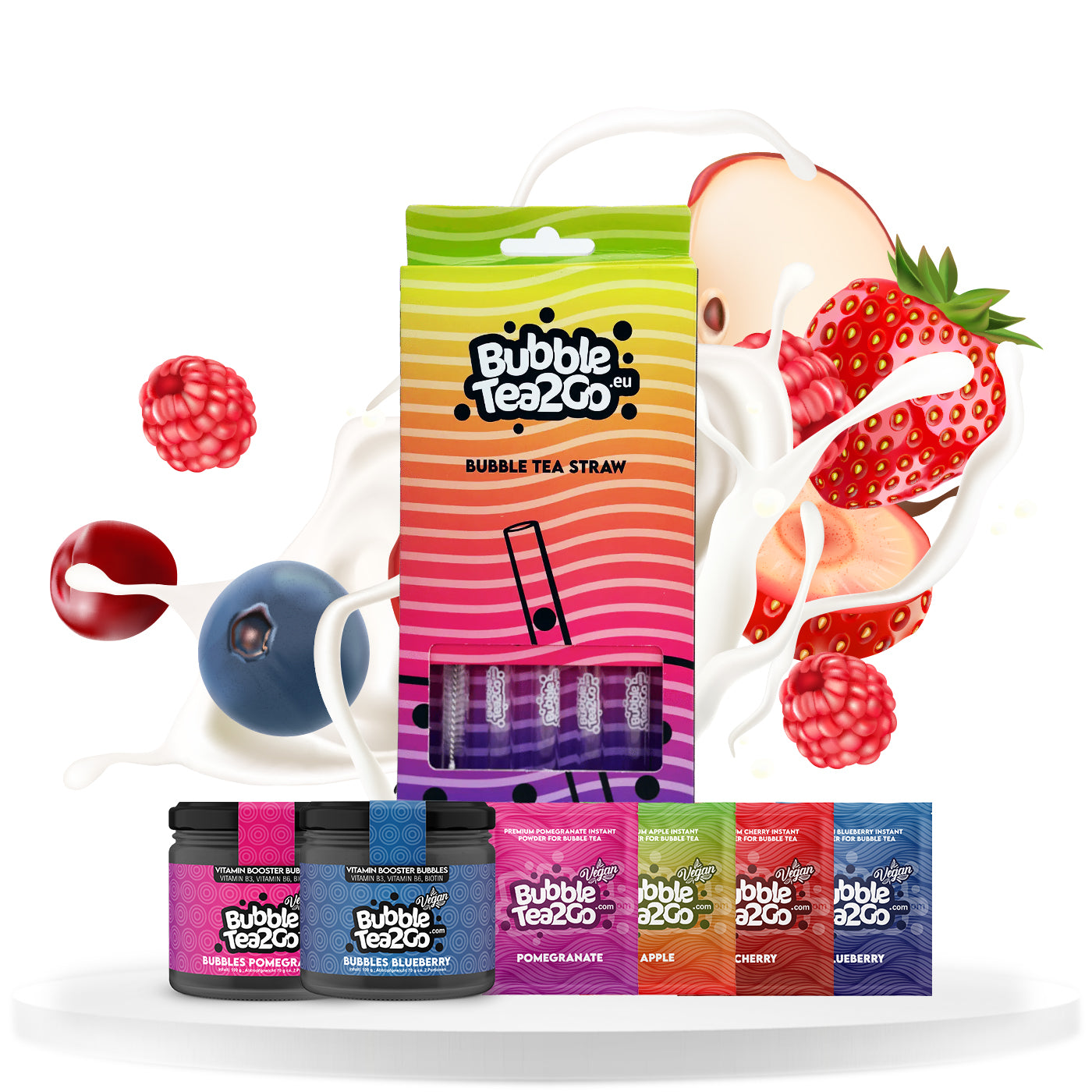 Petit kit de démarrage mélange de fruits 4x Premium Tea + 2x Bubbles + pailles en verre